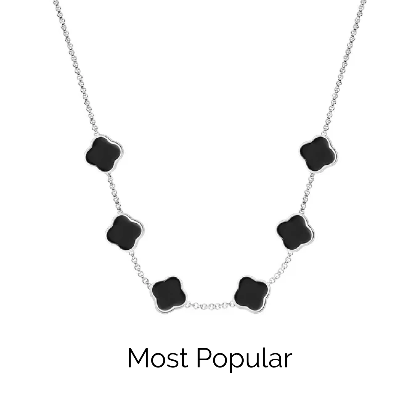 Black Enamel Clover Custom Name Necklace (Silver)