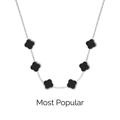 Black Enamel Clover Custom Name Necklace (Silver)