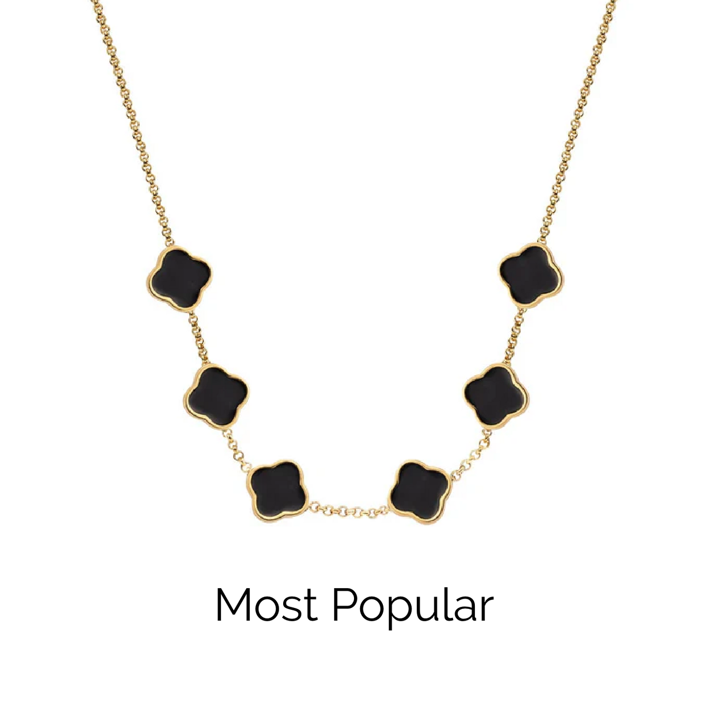 Black Enamel Clover Custom Name Necklace (Gold)
