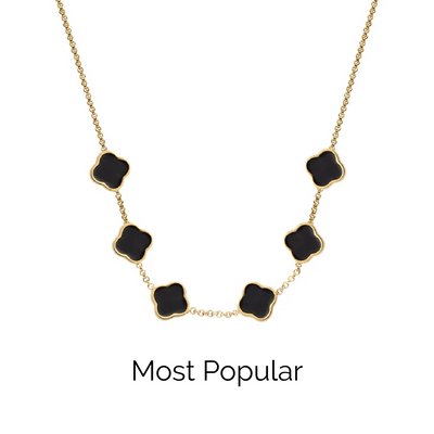 Black Enamel Clover Custom Name Necklace (Gold)
