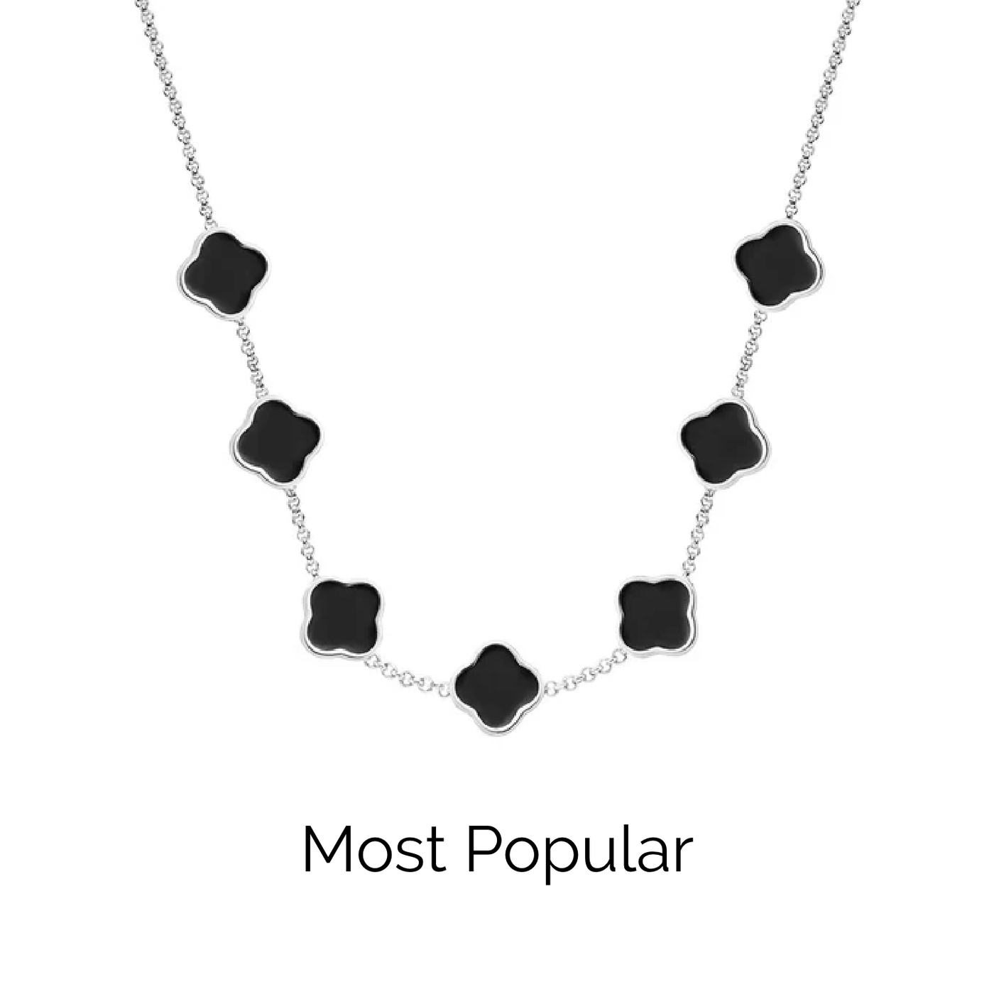 Black Enamel Clover Custom Name Necklace (Silver)