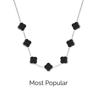 Black Enamel Clover Custom Name Necklace (Silver)