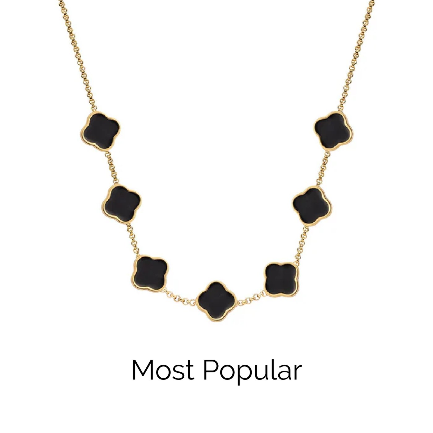 Black Enamel Clover Custom Name Necklace (Gold)