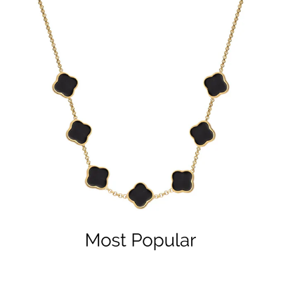 Black Enamel Clover Custom Name Necklace (Gold)