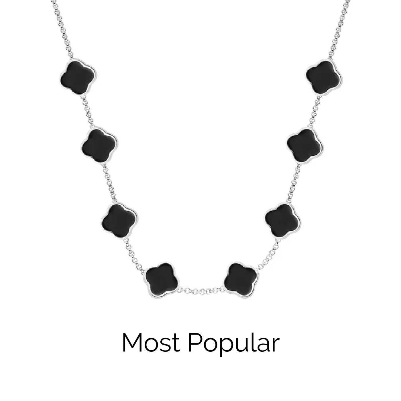Black Enamel Clover Custom Name Necklace (Silver)