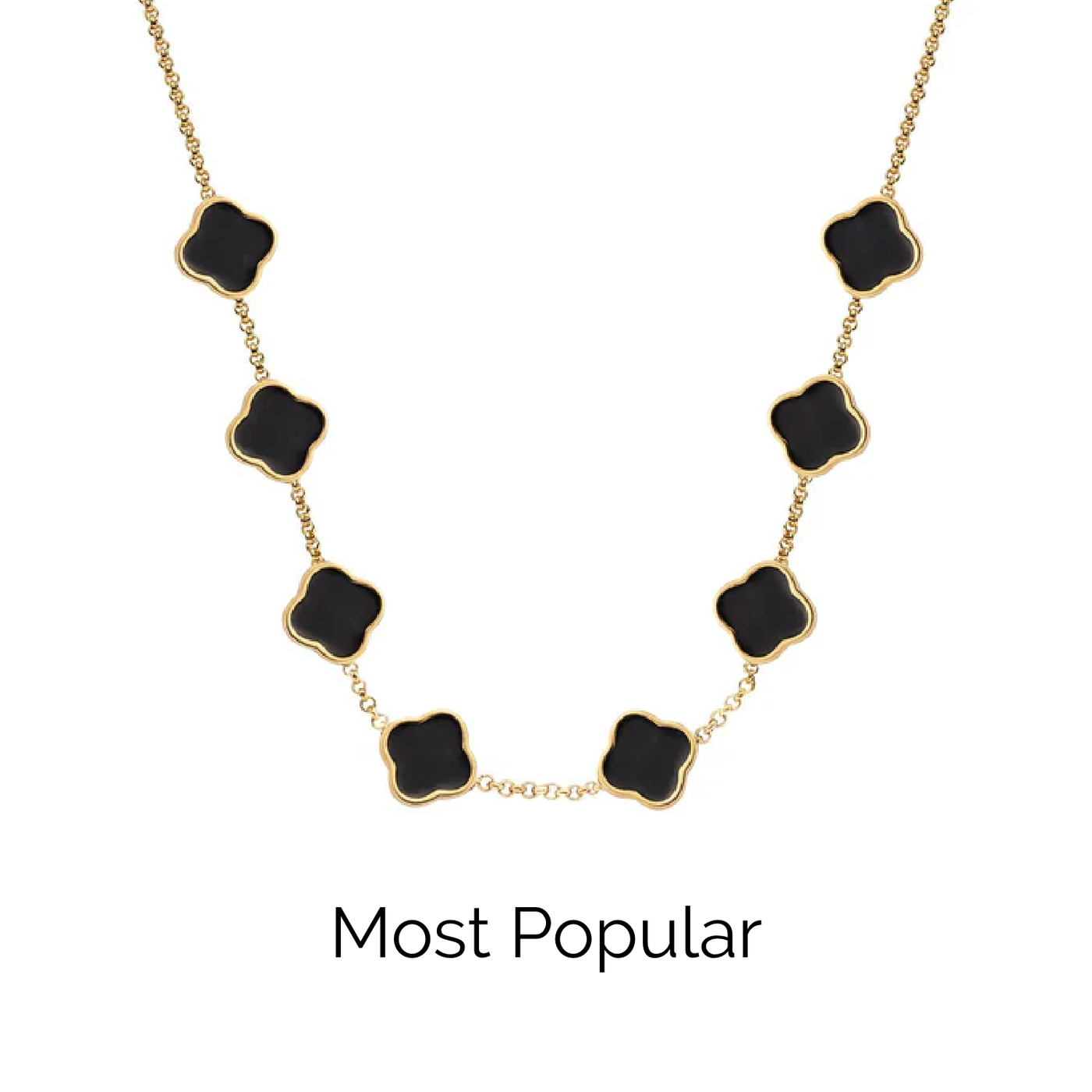 Black Enamel Clover Custom Name Necklace (Gold)