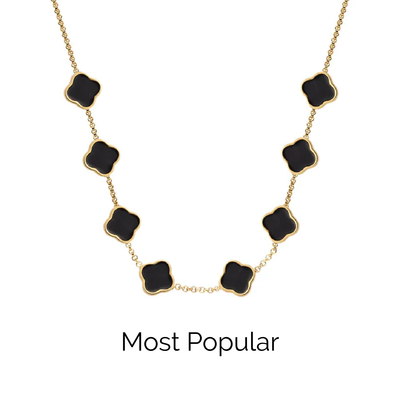 Black Enamel Clover Custom Name Necklace (Gold)