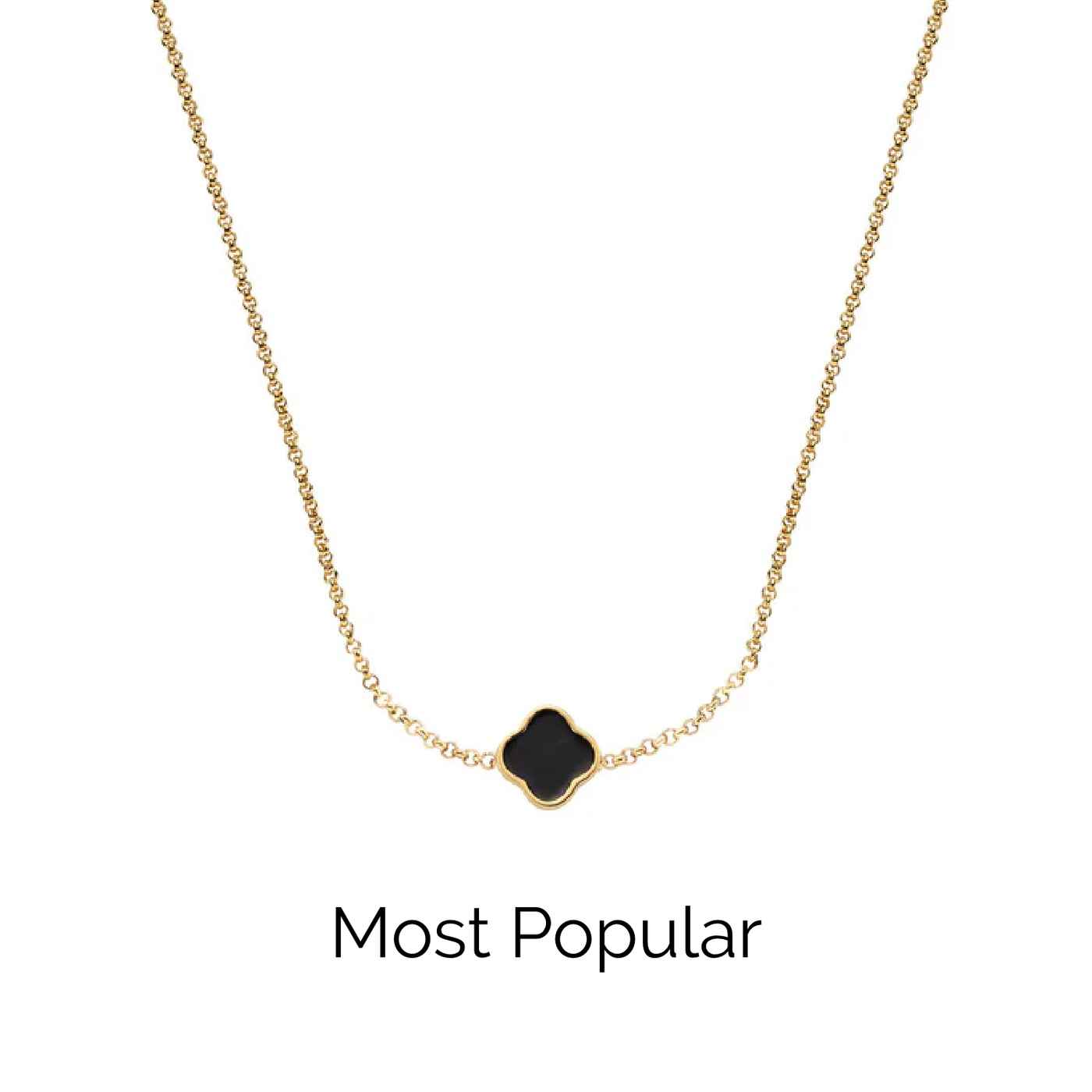 Black Enamel Clover Custom Name Necklace (Gold)