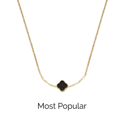 Black Enamel Clover Custom Name Necklace (Gold)