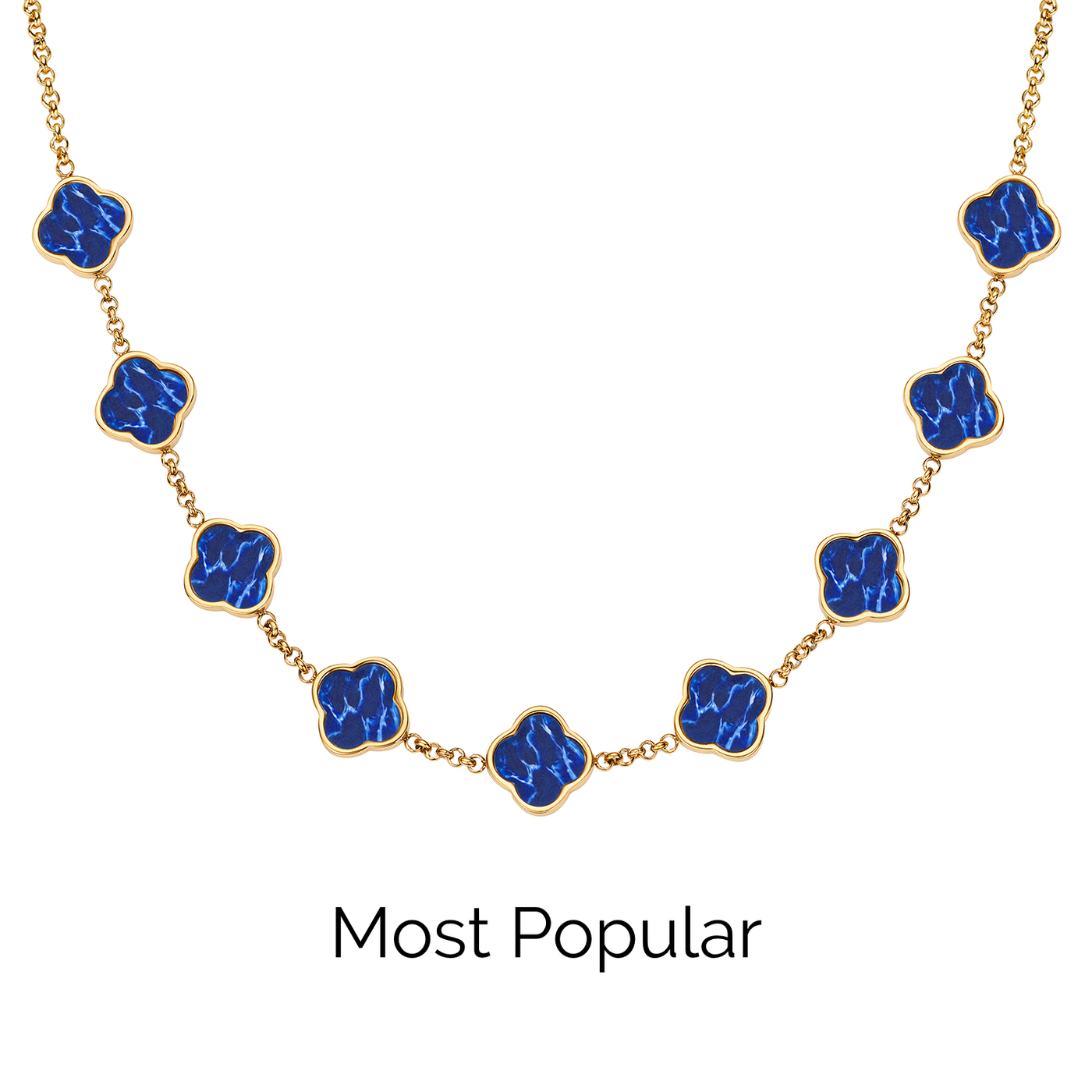 Blue Lace Agate Clover Custom Name Necklace (Gold)