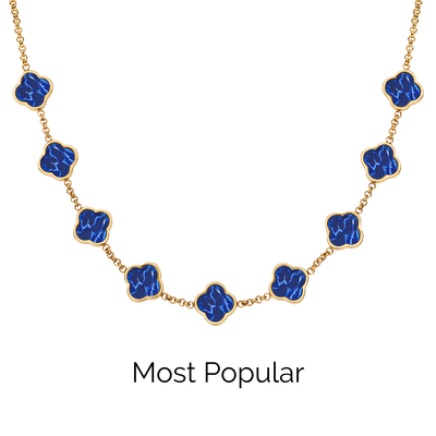 Blue Lace Agate Clover Custom Name Necklace (Gold)