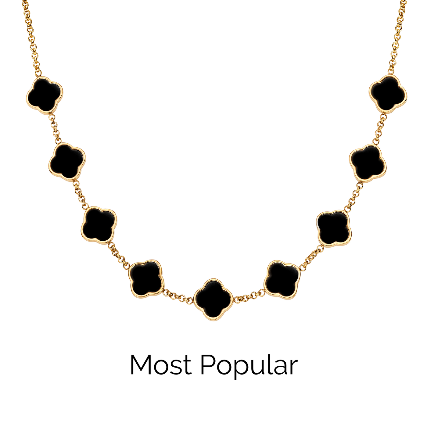 Black Enamel Clover Custom Name Necklace (Gold)