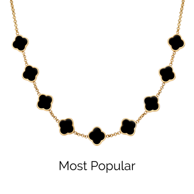 Black Enamel Clover Custom Name Necklace (Gold)