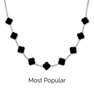 Black Enamel Clover Custom Name Necklace (Silver)