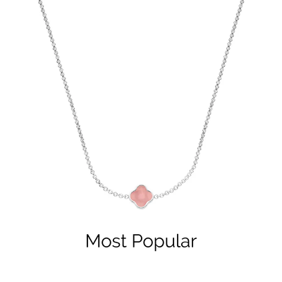 Rose Quartz Clover Custom Name Necklace (Silver)