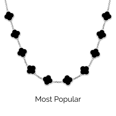 Black Enamel Clover Custom Name Necklace (Silver)