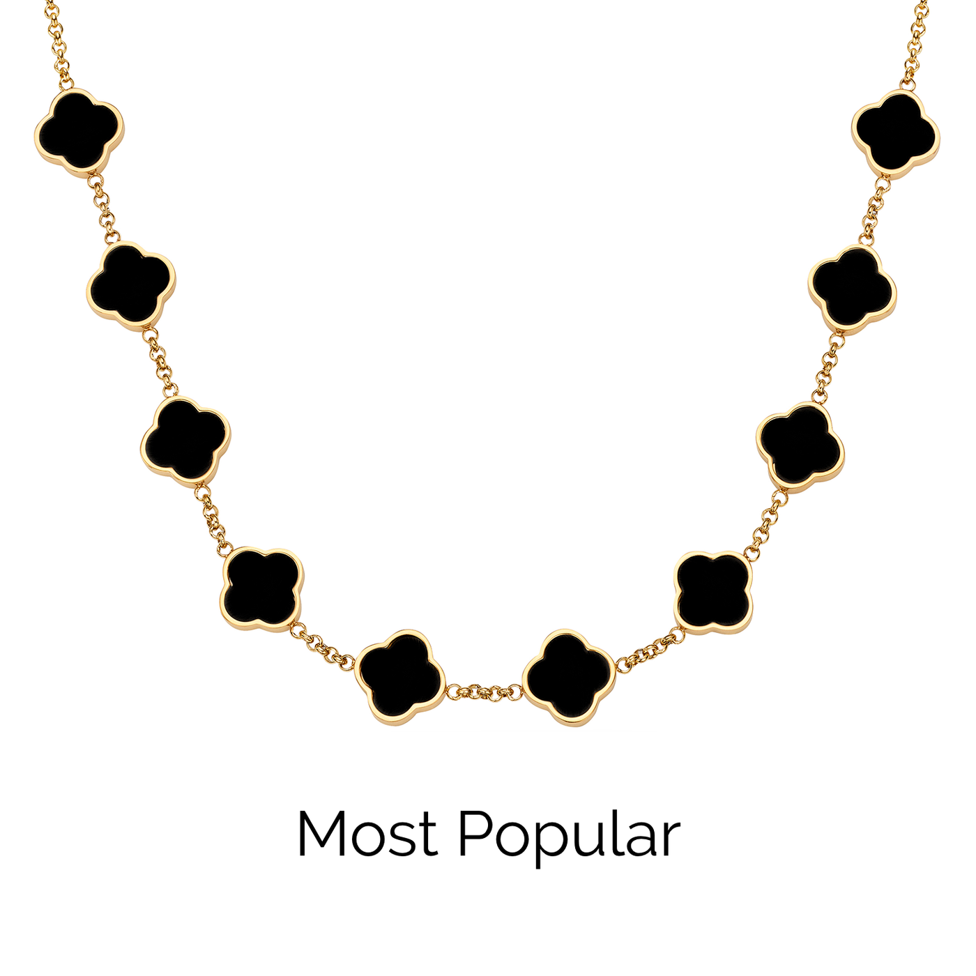 Black Enamel Clover Custom Name Necklace (Gold)