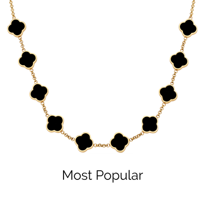 Black Enamel Clover Custom Name Necklace (Gold)