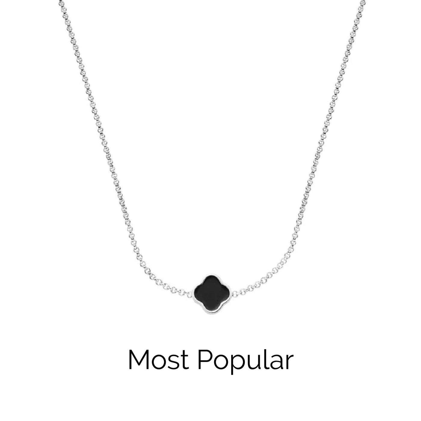 Black Enamel Clover Custom Name Necklace (Silver)
