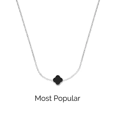 Black Enamel Clover Custom Name Necklace (Silver)