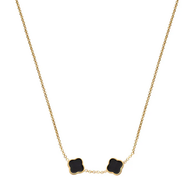 Black Enamel Clover Custom Name Necklace (Gold)