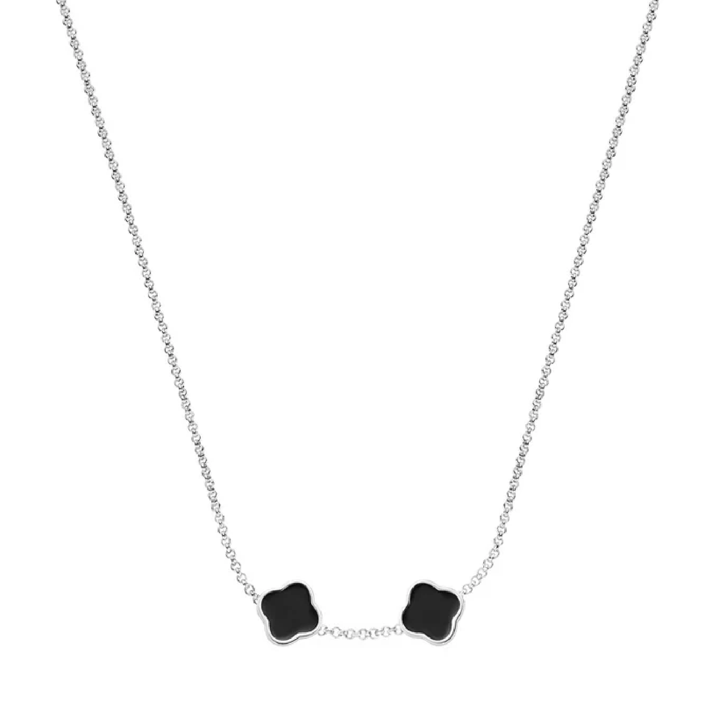 Black Enamel Clover Custom Name Necklace (Silver)