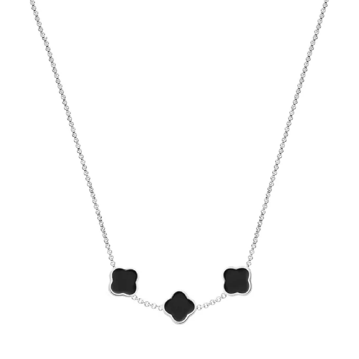 Black Enamel Clover Custom Name Necklace (Silver)