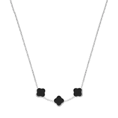 Black Enamel Clover Custom Name Necklace (Silver)
