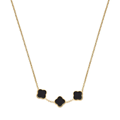 Black Enamel Clover Custom Name Necklace (Gold)