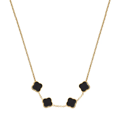 Black Enamel Clover Custom Name Necklace (Gold)