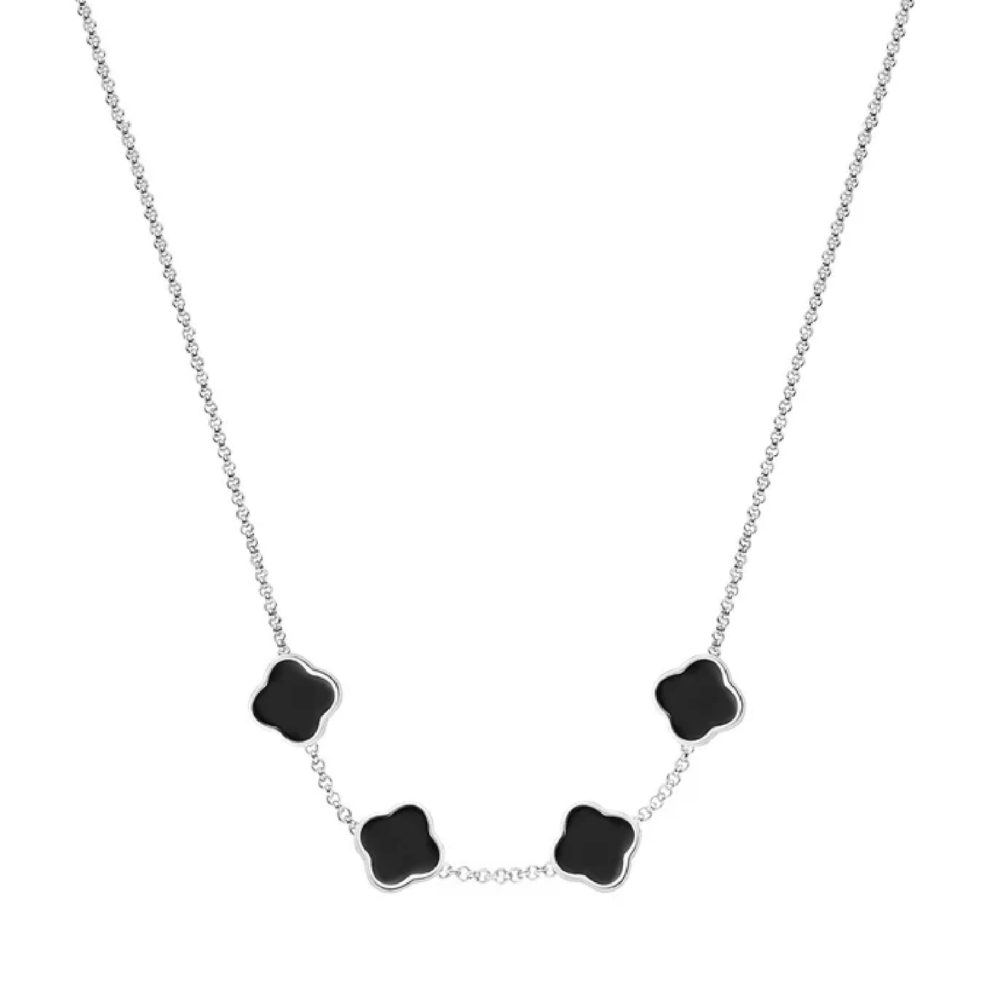 Black Enamel Clover Custom Name Necklace (Silver)