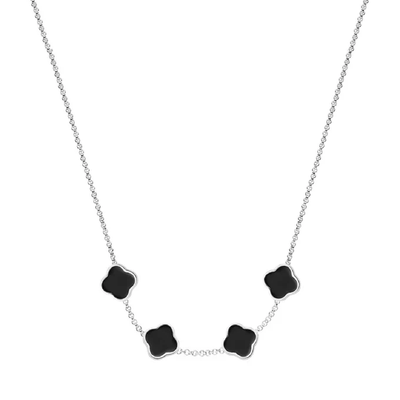 Black Enamel Clover Custom Name Necklace (Silver)