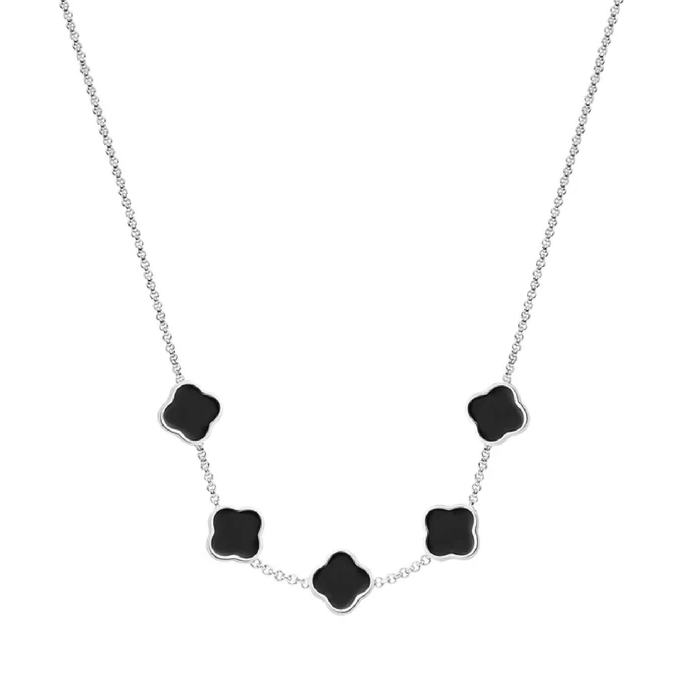 Black Enamel Clover Custom Name Necklace (Silver)