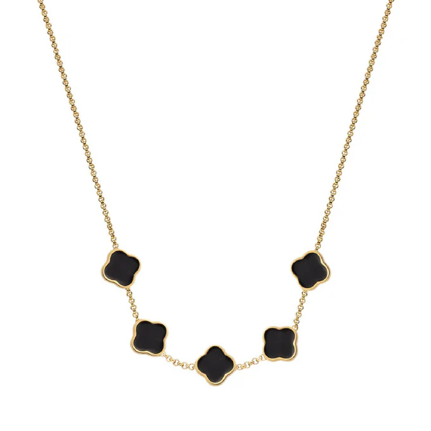 Black Enamel Clover Custom Name Necklace (Gold)