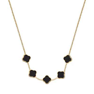 Black Enamel Clover Custom Name Necklace (Gold)