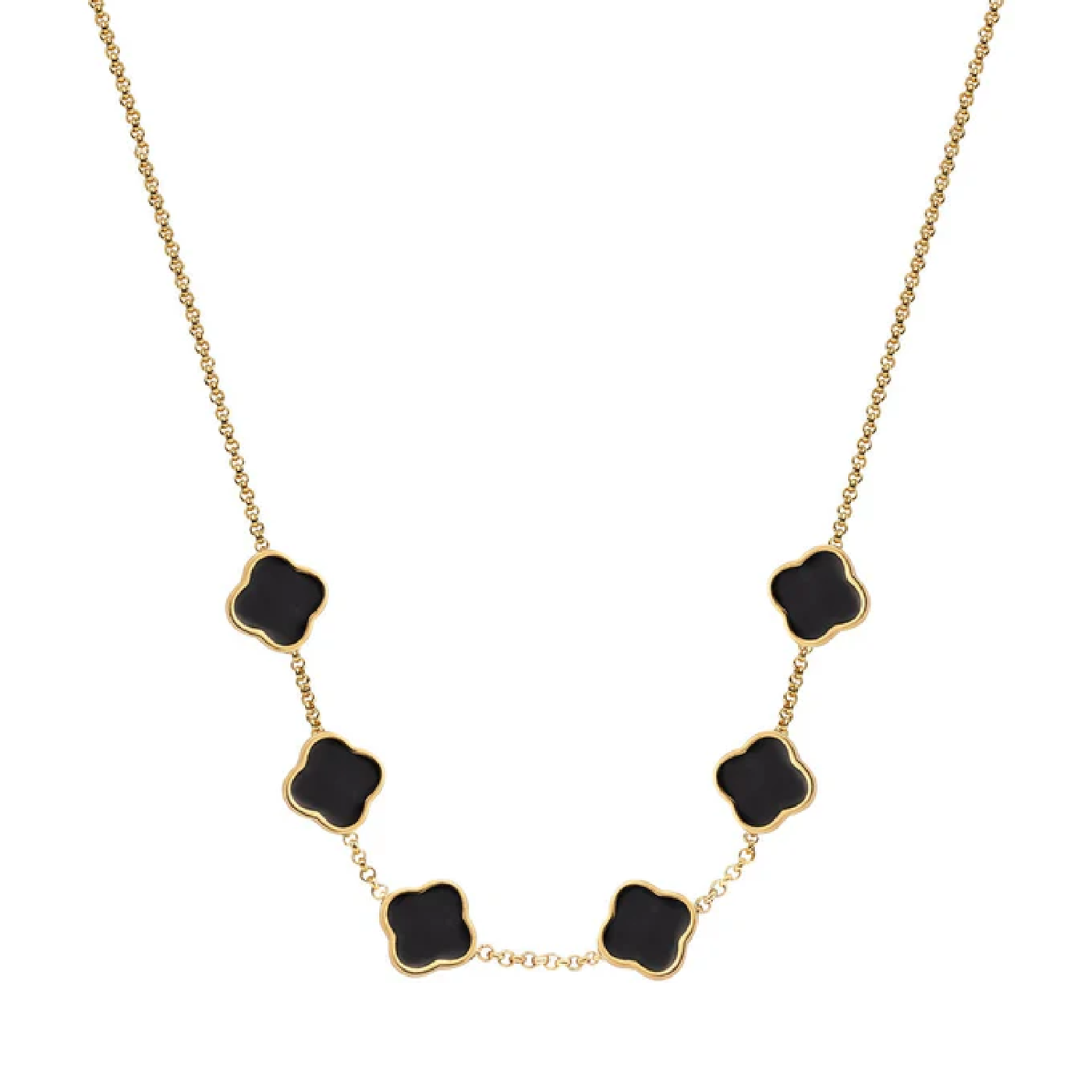Black Enamel Clover Custom Name Necklace (Gold)