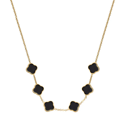 Black Enamel Clover Custom Name Necklace (Gold)