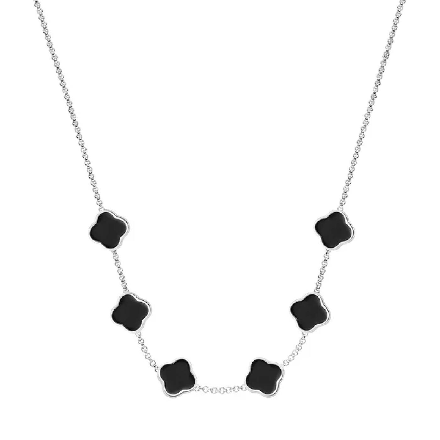 Black Enamel Clover Custom Name Necklace (Silver)