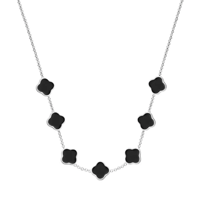 Black Enamel Clover Custom Name Necklace (Silver)