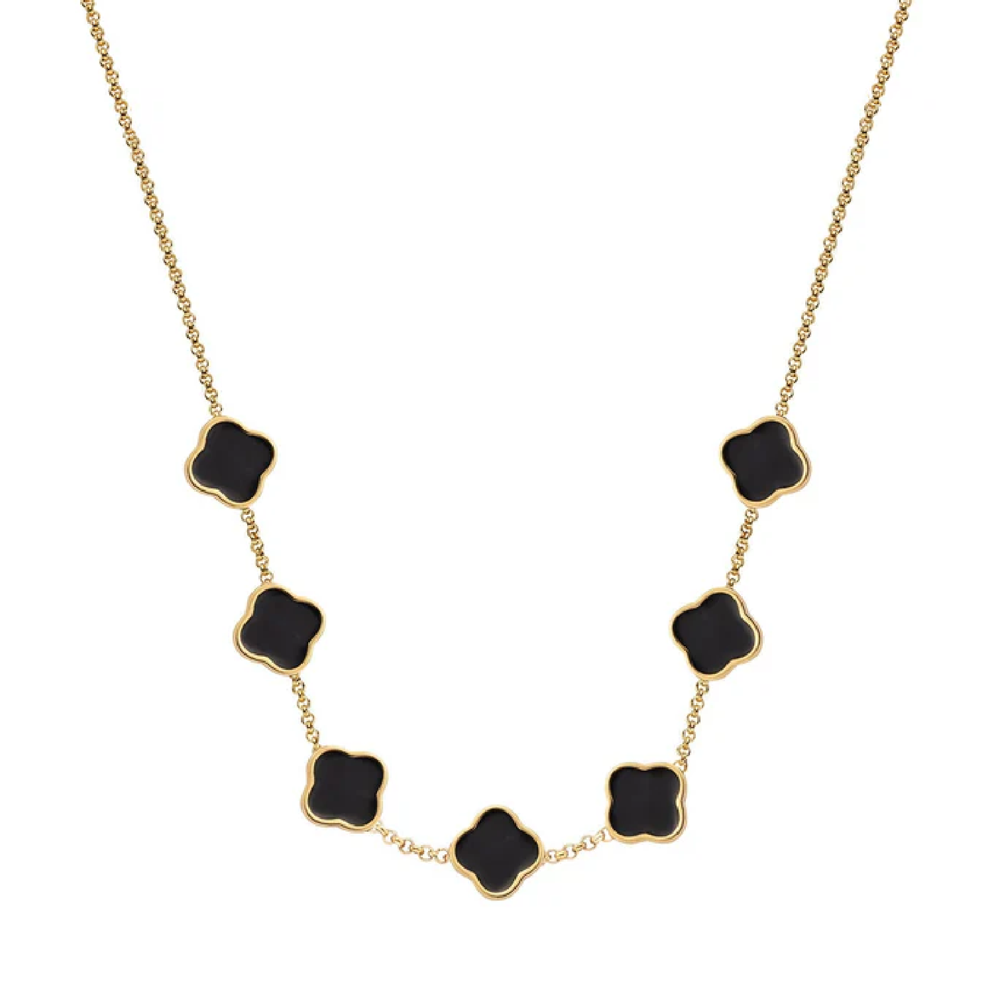 Black Enamel Clover Custom Name Necklace (Gold)