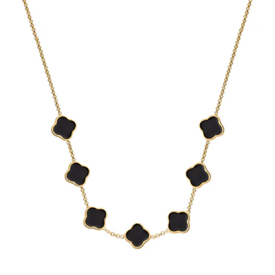 Black Enamel Clover Custom Name Necklace (Gold)