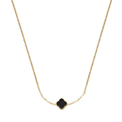 Black Enamel Clover Custom Name Necklace (Gold)
