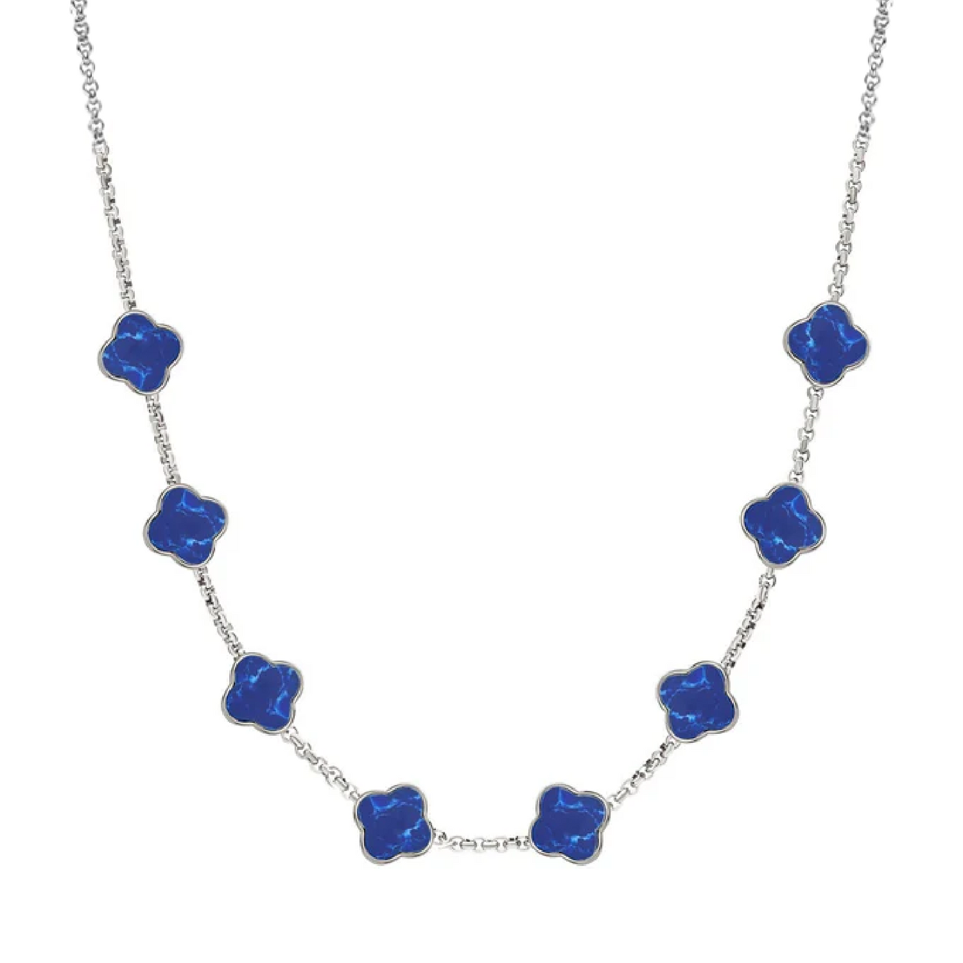 Blue Lace Agate Clover Custom Name Necklace (Silver)