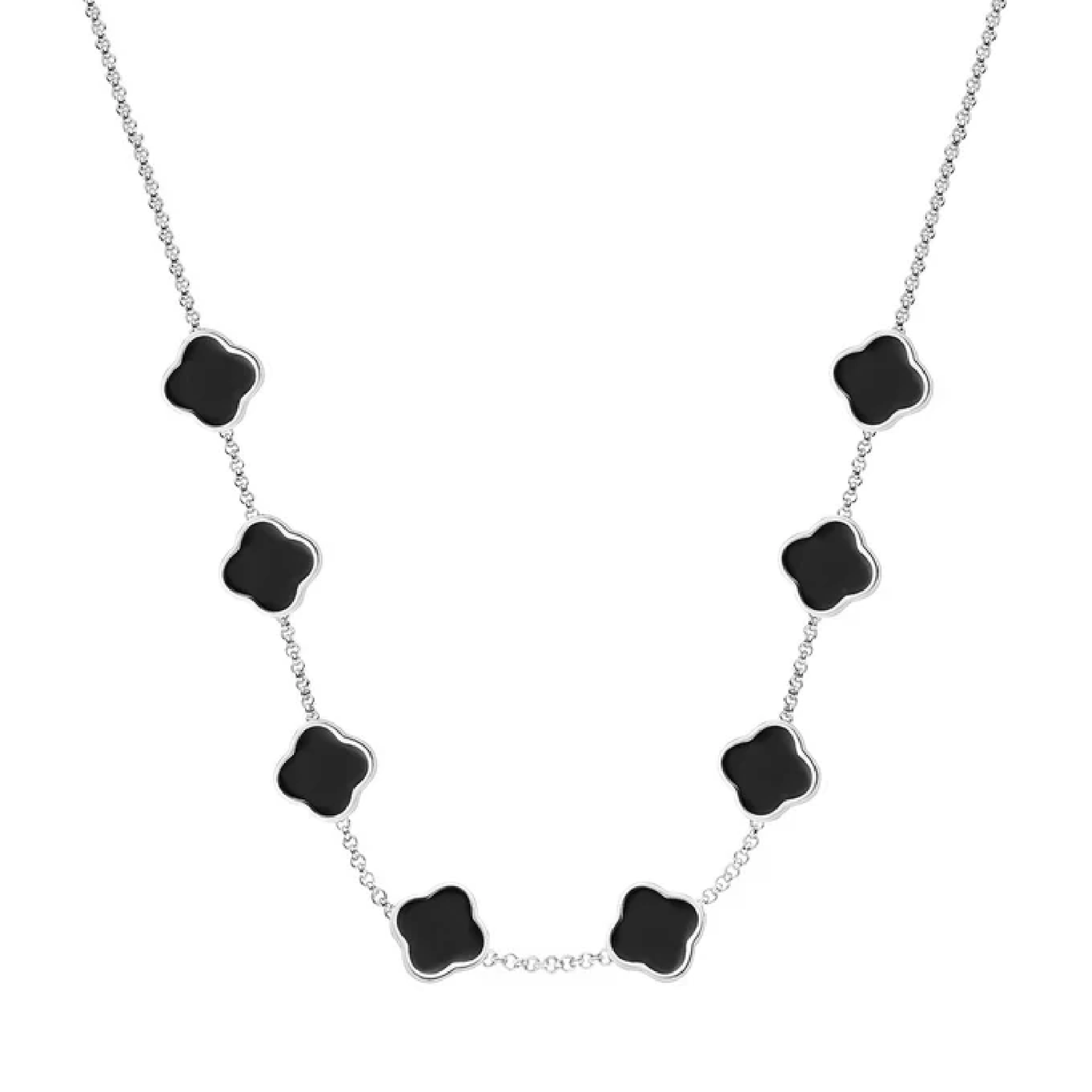 Black Enamel Clover Custom Name Necklace (Silver)