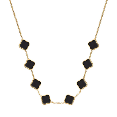 Black Enamel Clover Custom Name Necklace (Gold)