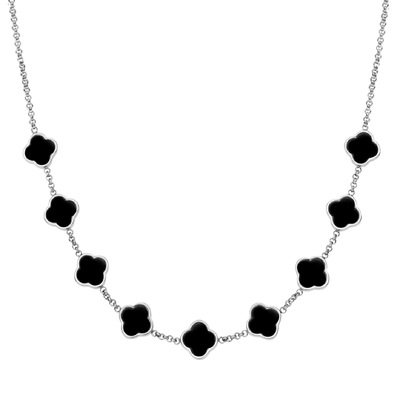 Black Enamel Clover Custom Name Necklace (Silver)