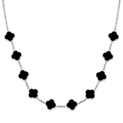 Black Enamel Clover Custom Name Necklace (Silver)