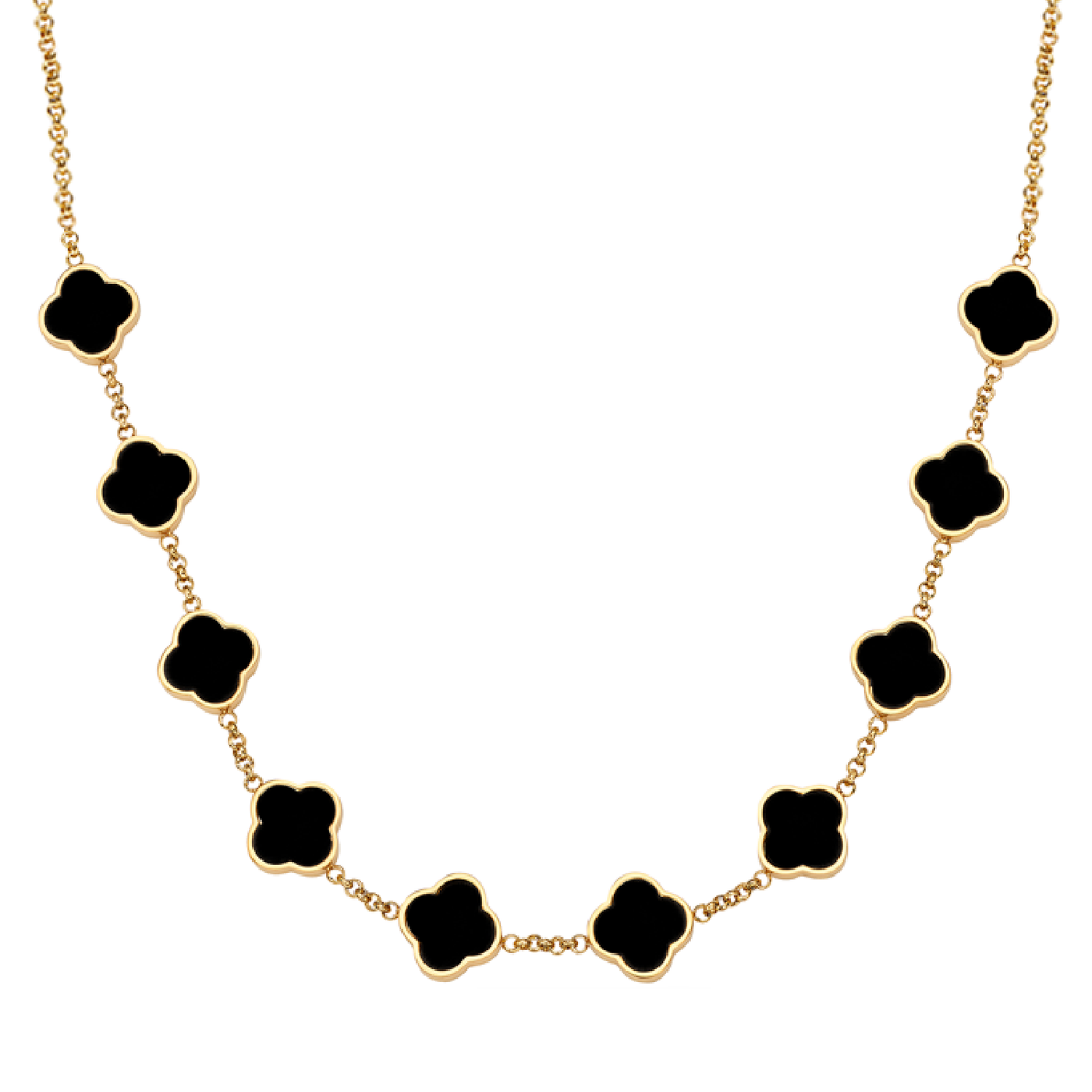 Black Enamel Clover Custom Name Necklace (Gold)