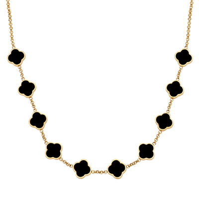 Black Enamel Clover Custom Name Necklace (Gold)