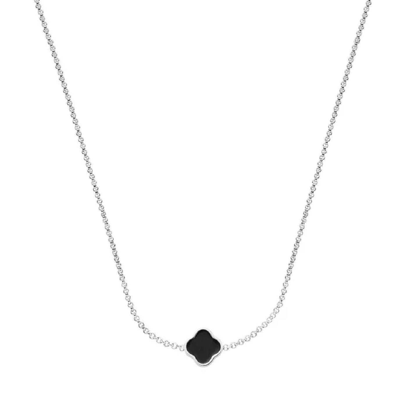 Black Enamel Clover Custom Name Necklace (Silver)